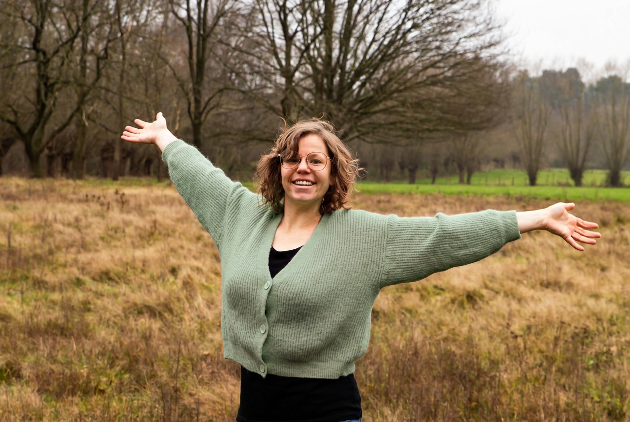 Maike met open armen in het veld