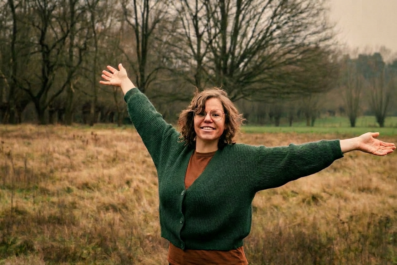 Maike met armen wijd open in een veld - ruimte, vrijheid, thuiskomen